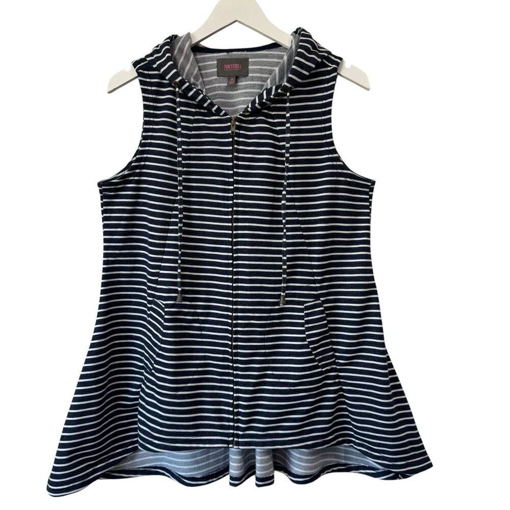 Forcynthia Beachwear Terry Swim Coverup Hoodie Zip Up Tunic Striped Top Medium